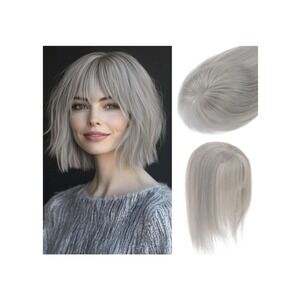 12 inch Real Human Hair Topper with Bangs French Grey 360 Coverage Natural Chic